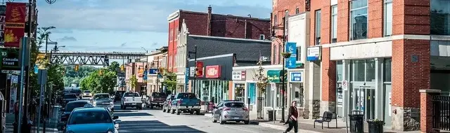 Downtown Parry Sound, Ontario, with the railway trestle over the main street