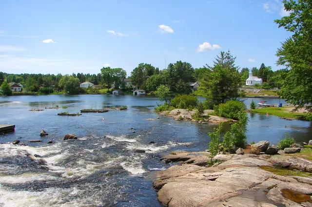 The Magnetawan River rapids and the village of Magnetawan, Ontario