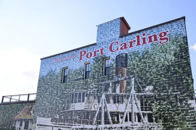 Welcome to Port Carling mural on a brick building in Port Carling, Ontario