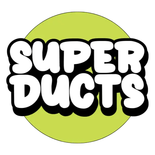 Bold white text with a black shadow reads SUPER DUCTS over a bright green circle, set against a black background—perfect for showcasing duct cleaning in Muskoka.