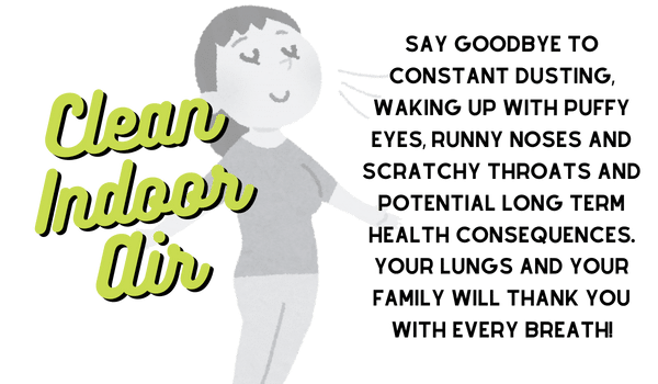 Cartoon person smiling next to large text reading Clean Indoor Air. Beside them, smaller text highlights how duct cleaning Muskoka brings less dust, reduced allergies, and better long-term health for you and your family.