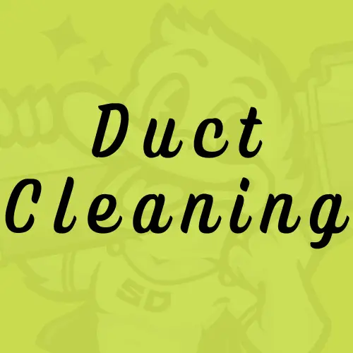 Yellow-green background with a faint cartoon character holding a tool, overlaid with bold black text reading "Duct Cleaning Muskoka" in large, curvy font.