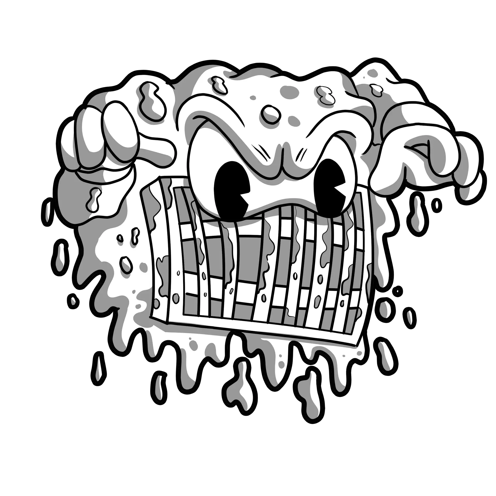 A cartoonish, gooey blob with angry eyes and clenched fists appears to be breaking through metal jail bars, drips falling from its body—like stubborn grime before a duct cleaning Muskoka service. The image is in bold black and white.