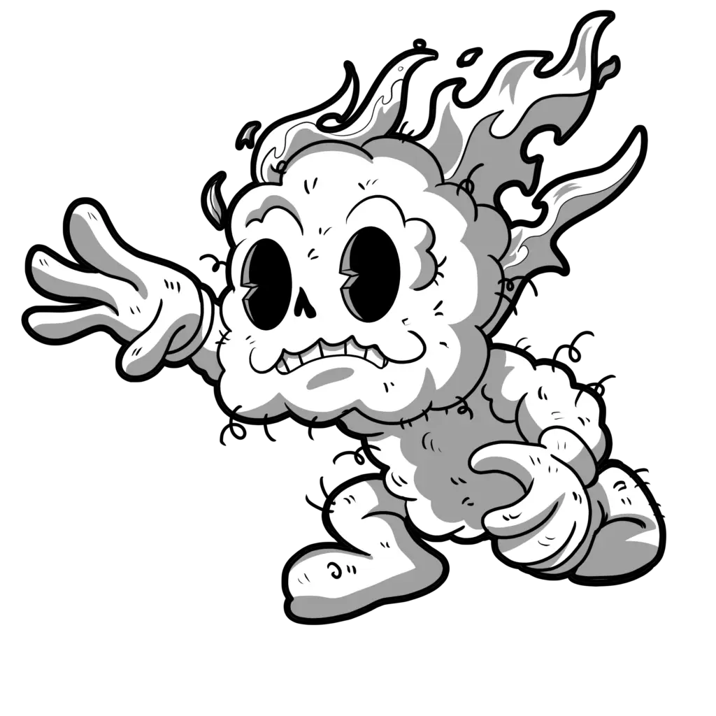 A cartoonish, skeletal creature with large black eyes, stitched limbs, and flames from its head reaches forward with one hand—drawn in black and white, much like something you’d spot in an old Huntsville Ontario duct cleaning Muskoka advert.