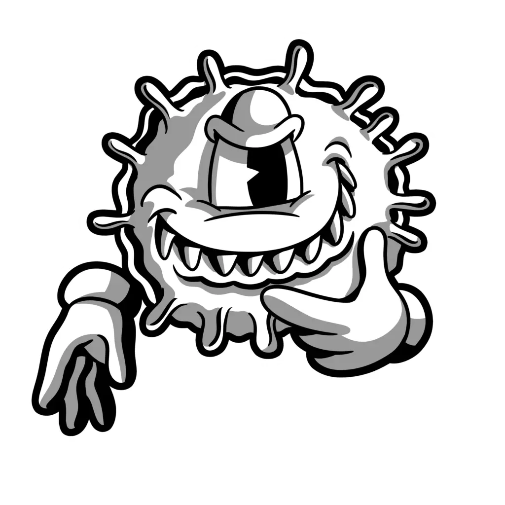 Cartoon-style black and white germ or microbe with one large eye, a wide toothy grin, and gloved hands playfully pointing—perfect for highlighting the importance of duct cleaning in Muskoka.