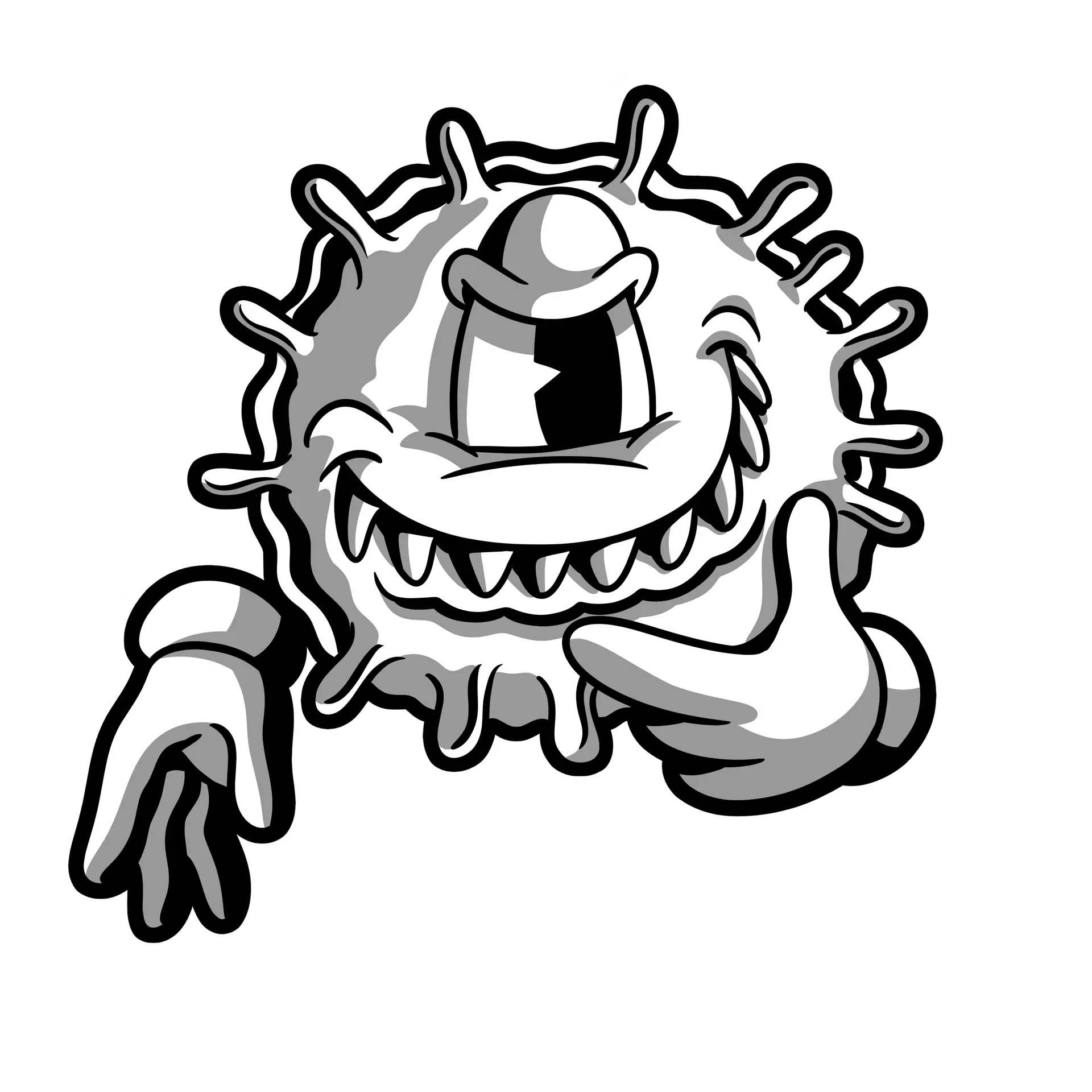 Cartoon-style black and white germ or microbe with one large eye, a wide toothy grin, and gloved hands playfully pointing—perfect for highlighting the importance of duct cleaning in Muskoka.