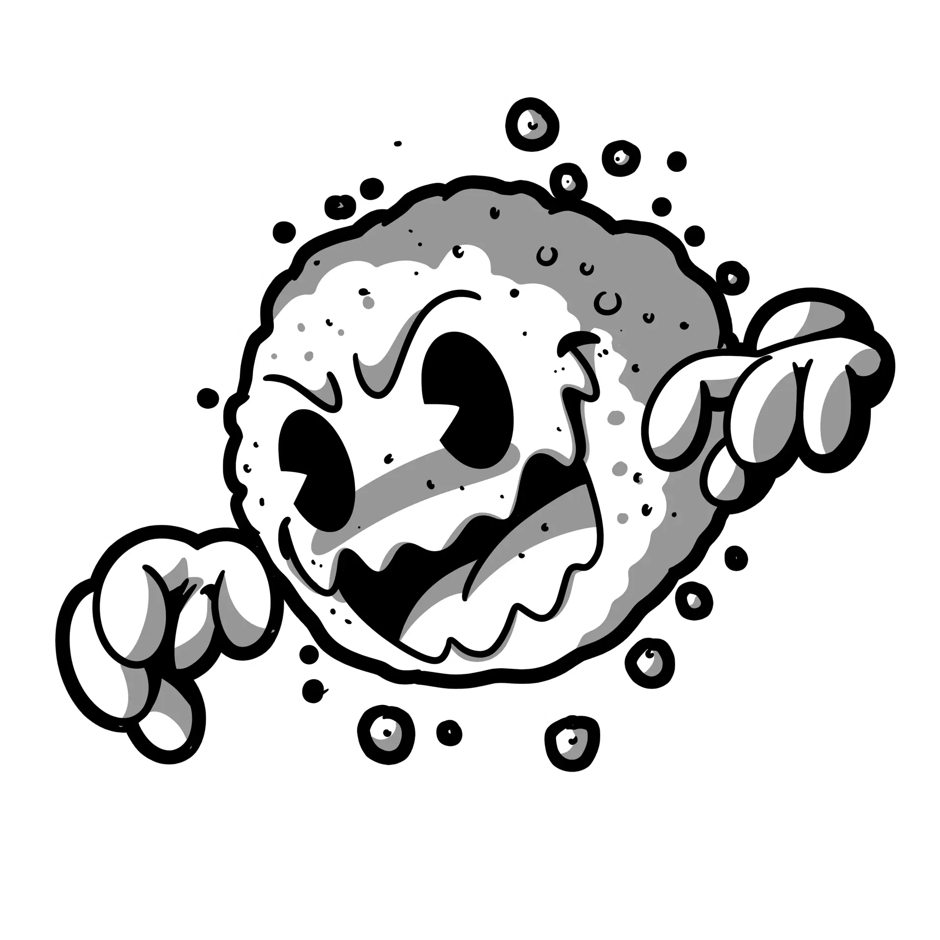 Cartoon illustration of an angry meatball with arms, clenched fists, and an expressive face, appearing to lunge forward. The dynamic greyscale style adds energy—perfect for promoting duct cleaning in Huntsville, Ontario.