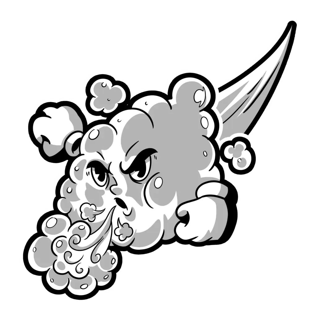 A cartoon-style angry cloud with fierce eyes blows out swirling wind, fists clenched and a bold, dynamic swoosh behind it—capturing the intensity of duct cleaning. The image is in greyscale with a white outline.