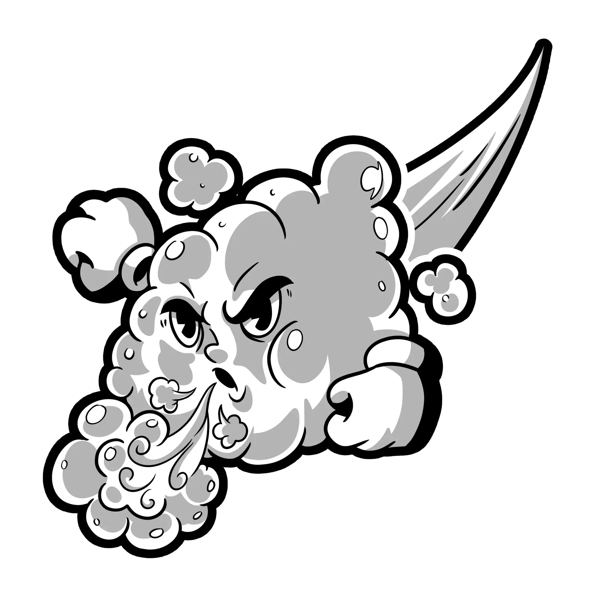 A cartoon-style angry cloud with fierce eyes blows out swirling wind, fists clenched and a bold, dynamic swoosh behind it—capturing the intensity of duct cleaning. The image is in greyscale with a white outline.