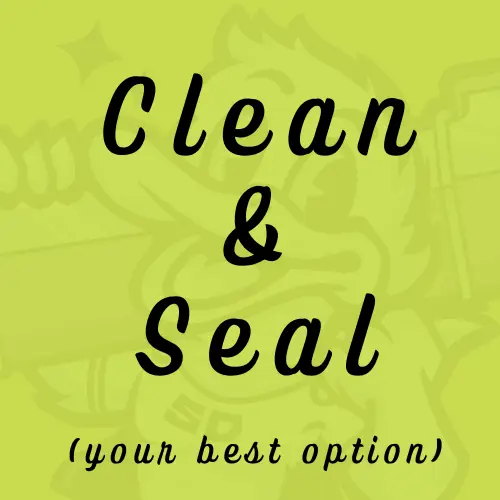 Text reading Clean & Seal (your best option) in bold, black script on a yellow-green background with a faint cartoon character holding an Aeroseal Muskoka duct in the background.